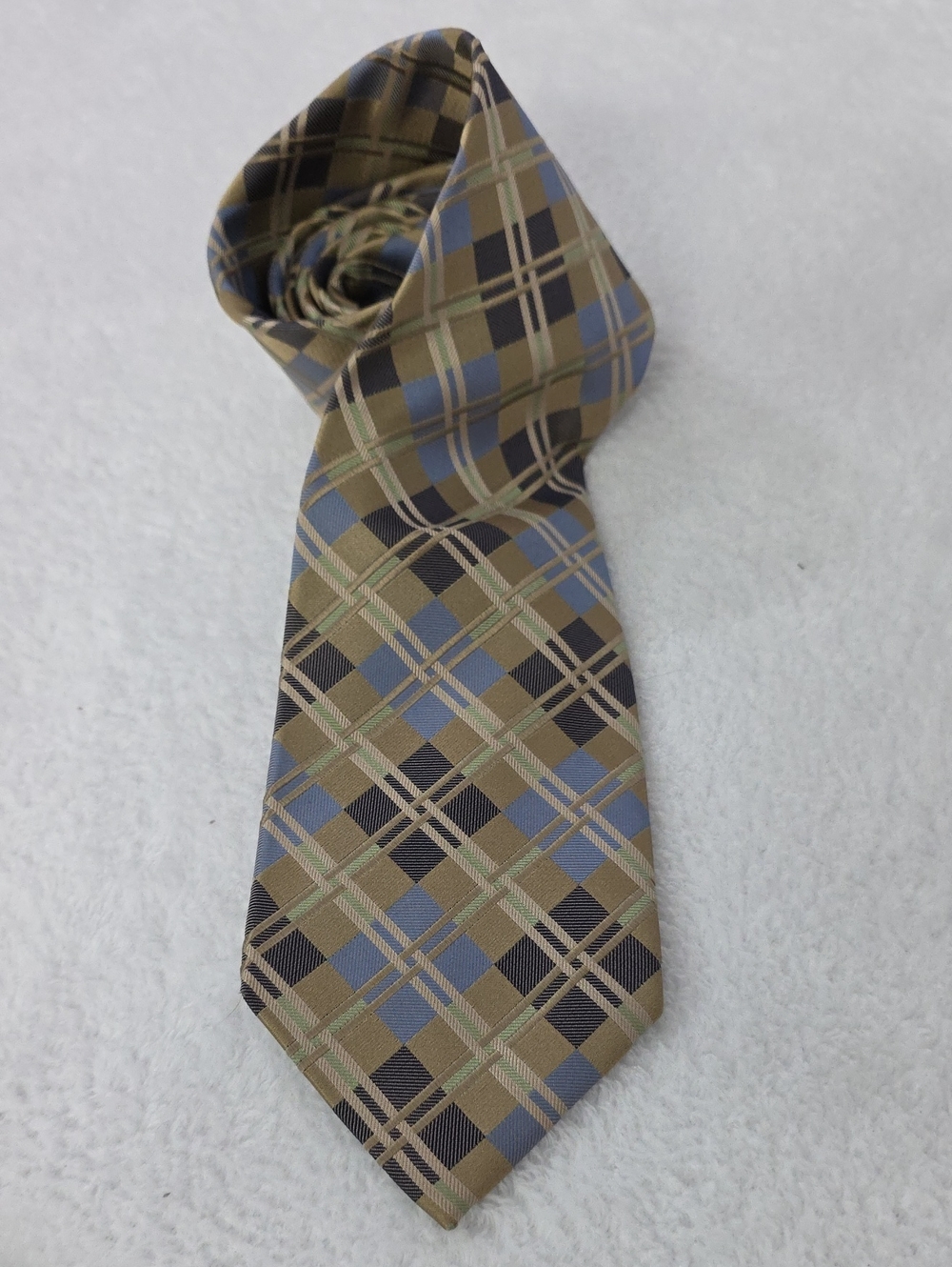 Van Heusen Silk Tie Tan Blue Windowpane Check Pattern
